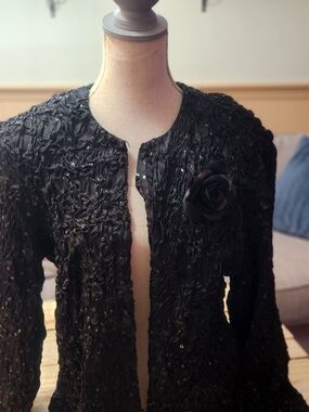 JAS Boutique Black Crinkle Scrunch Evening Jacket XL with Flower Pin